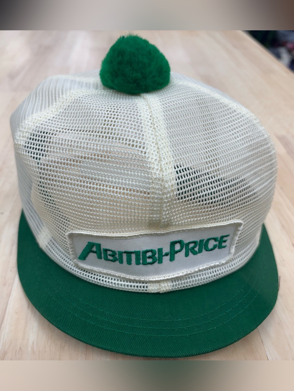 Vintage 80’s Abitibi-Price White Mesh Snapback Hat with Green Pom and Brim OS